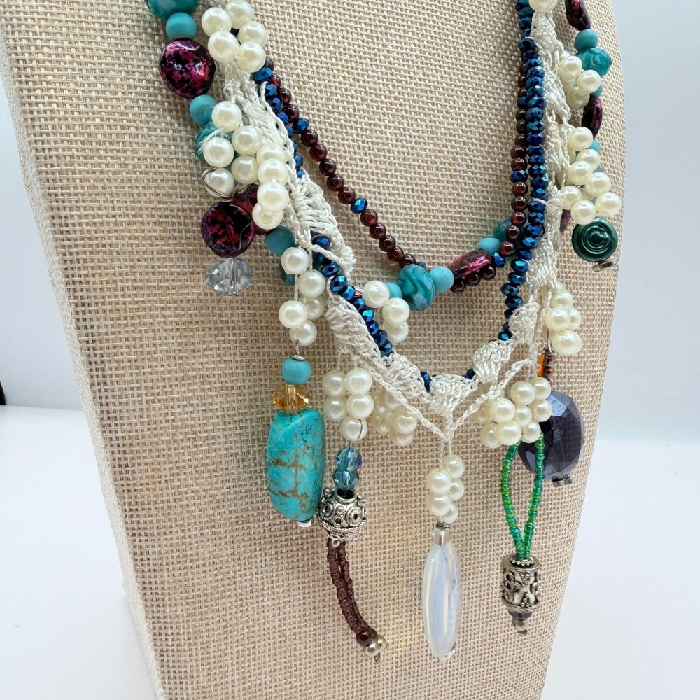 Vintage Y2K Multi Strand Beaded Turquoise Pearl Necklace Boho Statement Jewelry - Picture 5 of 14